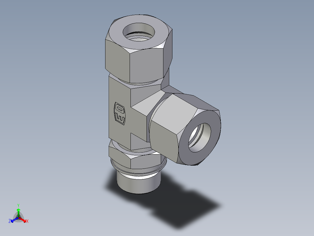 卡套式工业通用硬管接头EO_Adjustable_locknut_run_tee_LEE16ZSMORCF正等轴测图