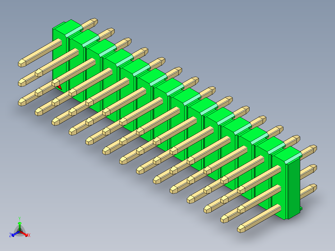 彩色公头100mil（2.54mm）系列-DS1021_green_3x14p_100mil_Type1_rev1.0正等轴测图