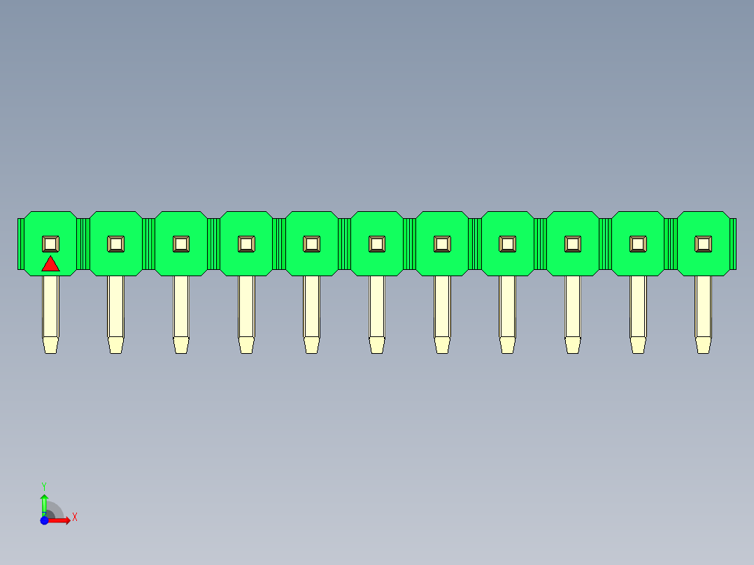 彩色公排针 100mil 2.54mm 系列-DS1022_green_1x11p_100mil_TypeD_rev1.0前视图
