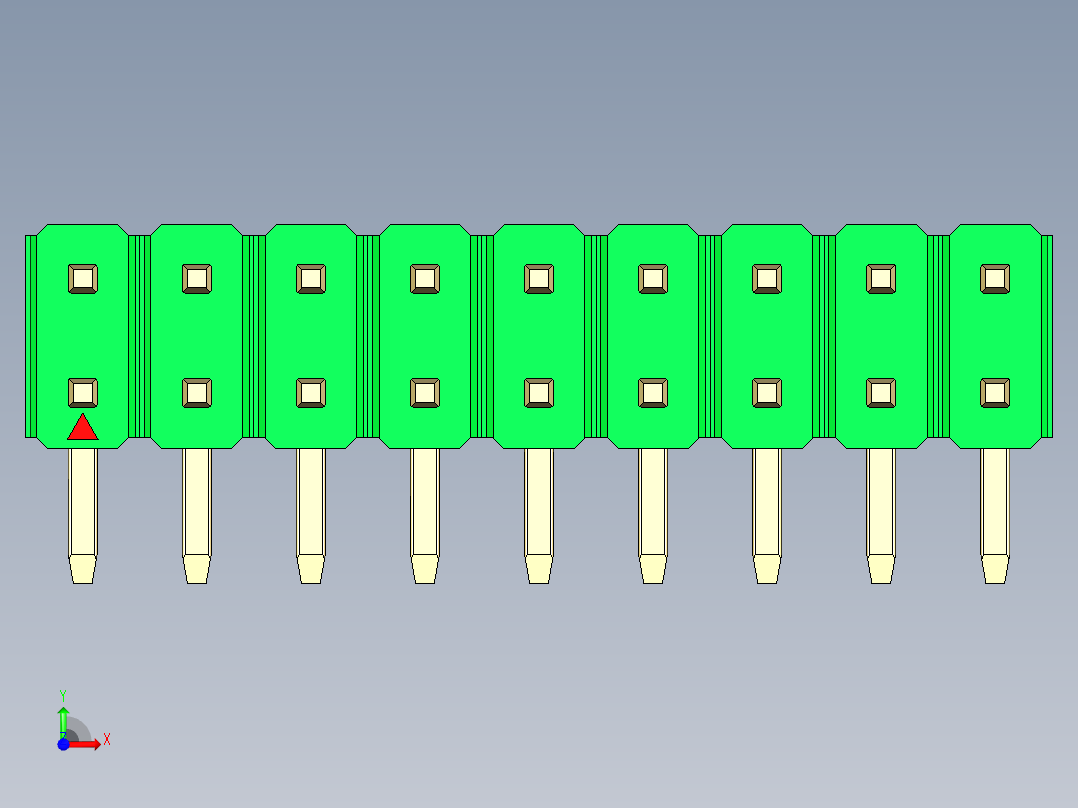 彩色公排针 100mil 2.54mm 系列-DS1022_green_2x09p_100mil_TypeD_rev1.0前视图