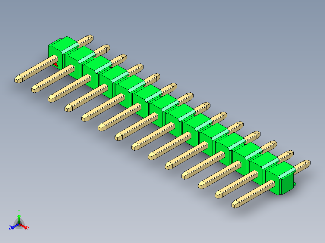 彩色公头100mil（2.54mm）系列-DS1021_green_1x14p_100mil_Type1_rev1.0正等轴测图