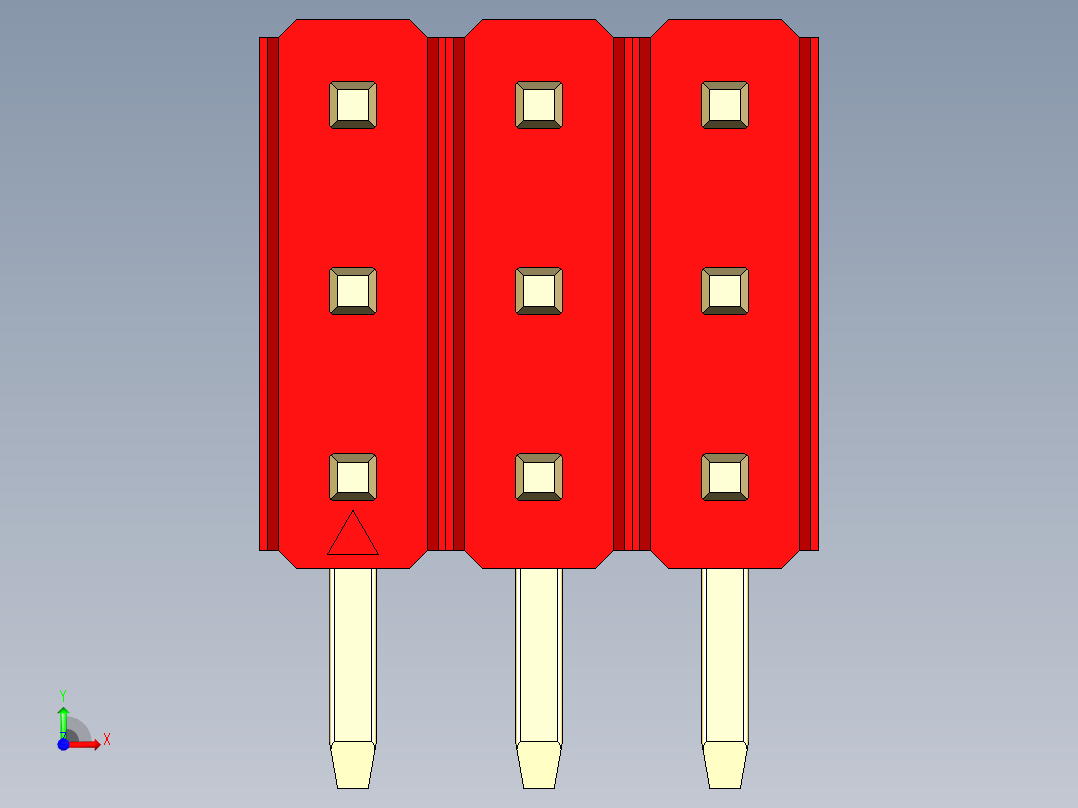 彩色公排针 100mil 2.54mm 系列-DS1022_red_3x03p_100mil_TypeD_rev1.0前视图