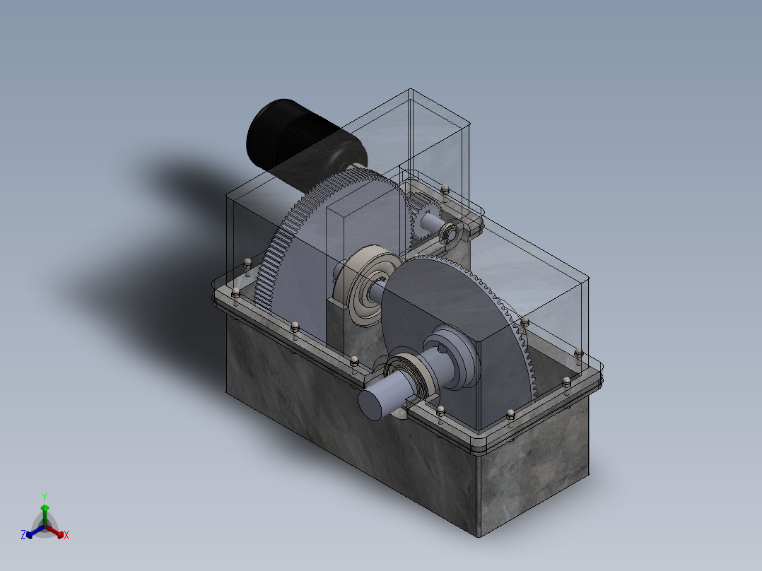 二级圆柱直齿轮与锥齿轮组合减速箱3D图纸 Solidworks设计正等轴测图