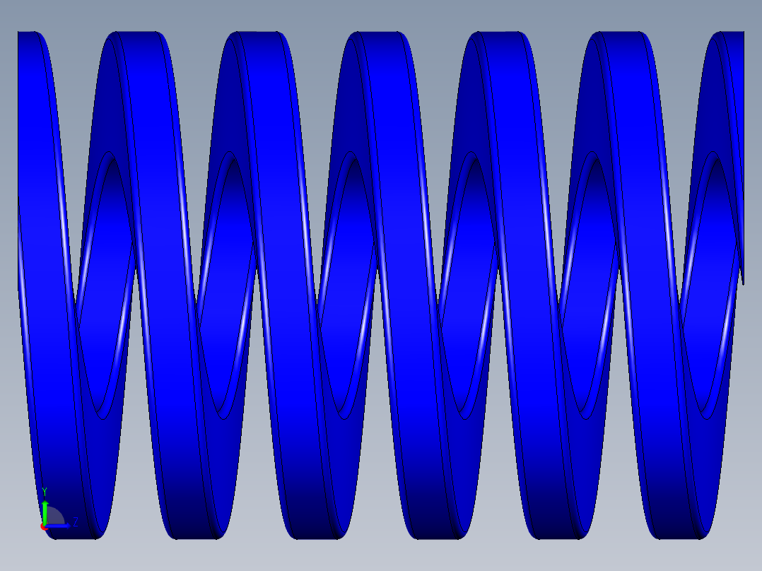 蓝色压缩模具弹簧，带有开口和磨削端。左视图