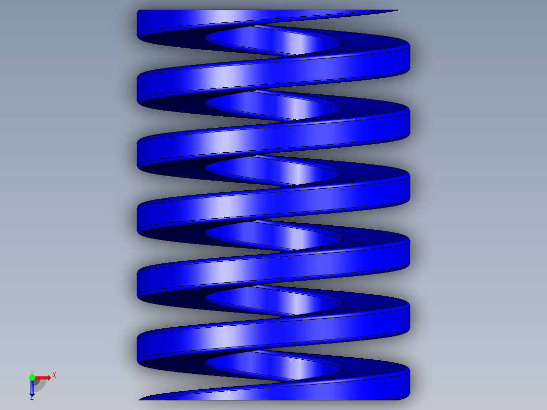 蓝色压缩模具弹簧，带有开口和磨削端。俯视图