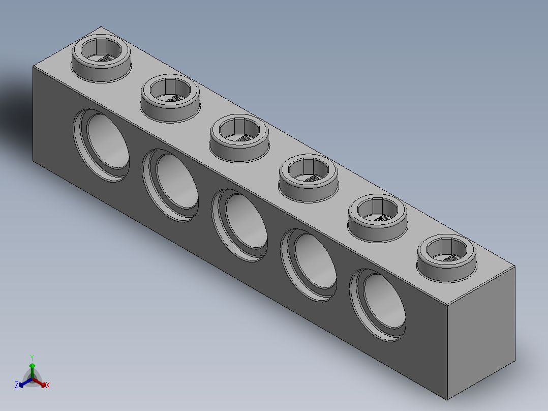乐高机械组积木（横梁）-389401 White Technic Brick 1 x 6 with Holes正等轴测图
