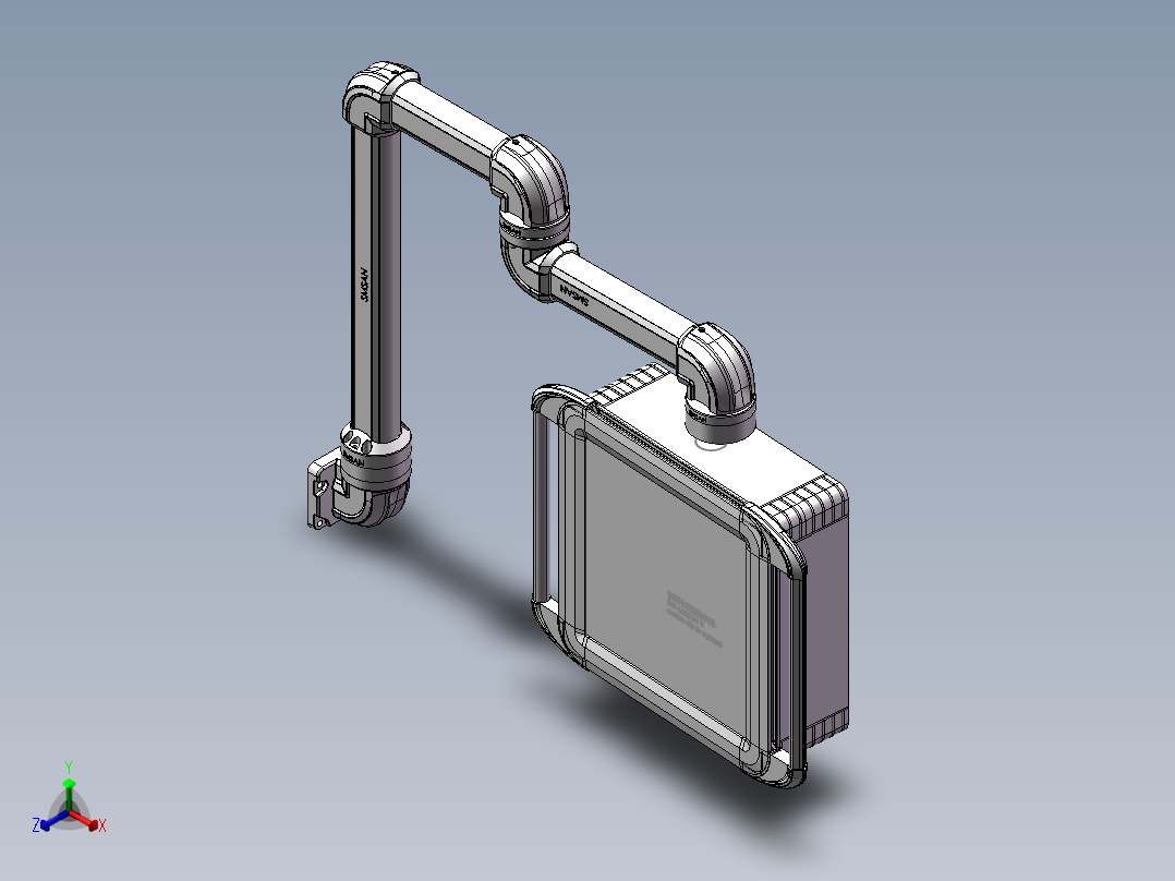 向下垂直墙座+转角+转角+中间连接器+90度箱体连接器+控制箱正等轴测图