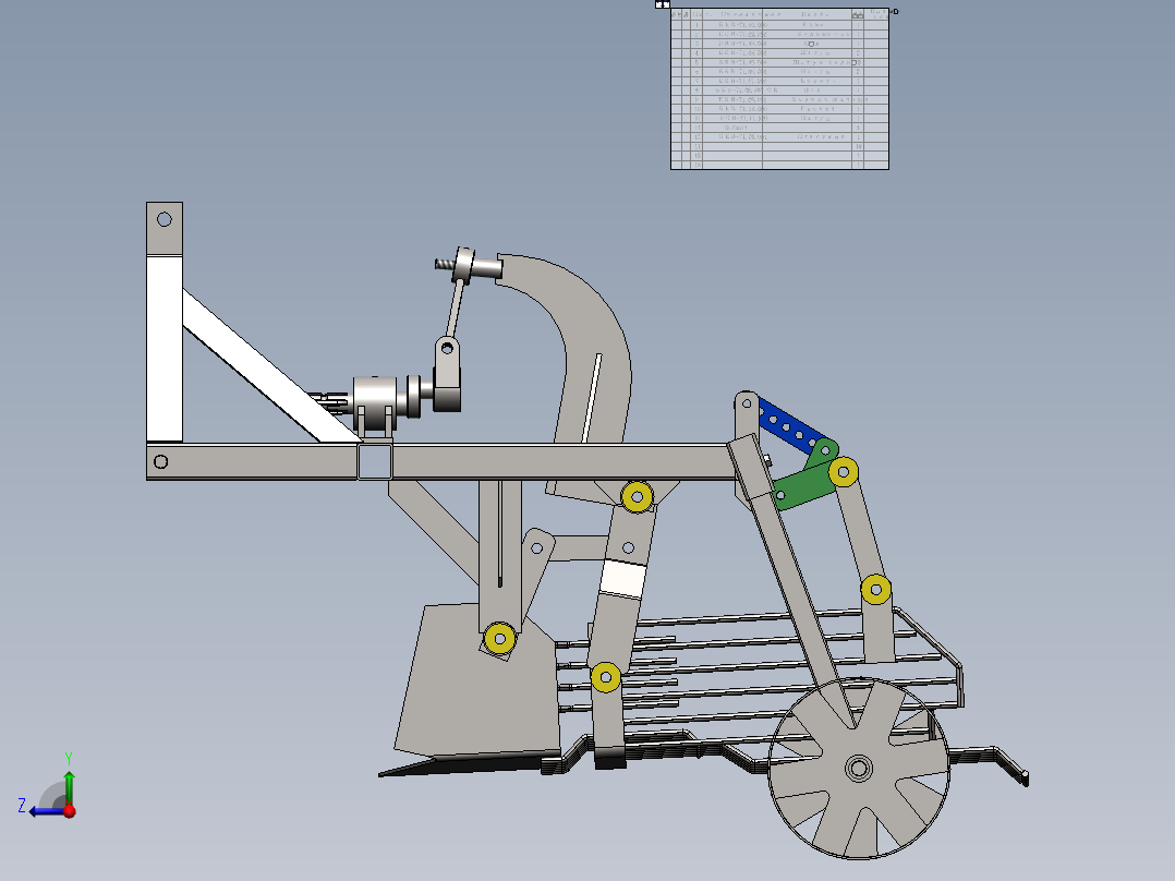 小型拖拉机上的 1 行振动马铃薯收割机右视图
