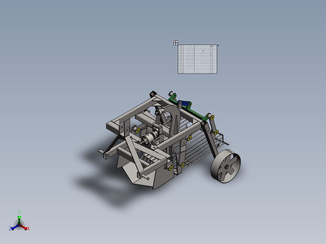 小型拖拉机上的 1 行振动马铃薯收割机正等轴测图