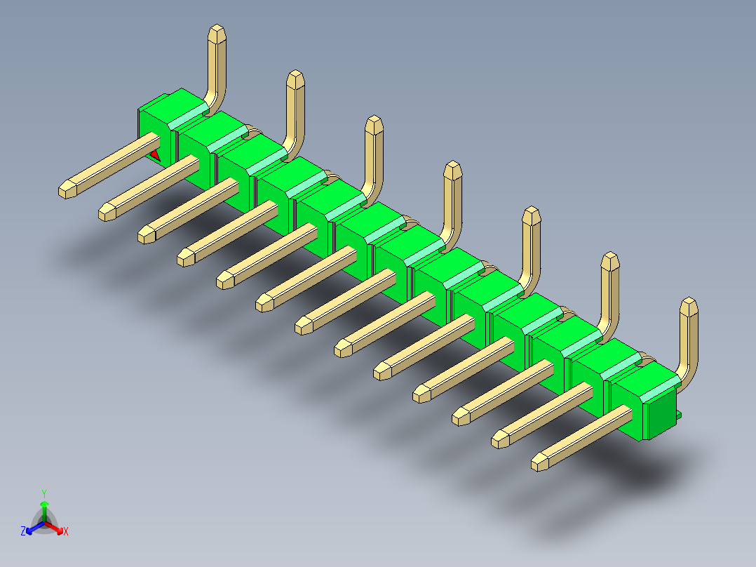 彩色公排针 100mil 2.54mm 系列-DS1022_green_13p_100mil_Type_SMT_R1_rev1.0正等轴测图