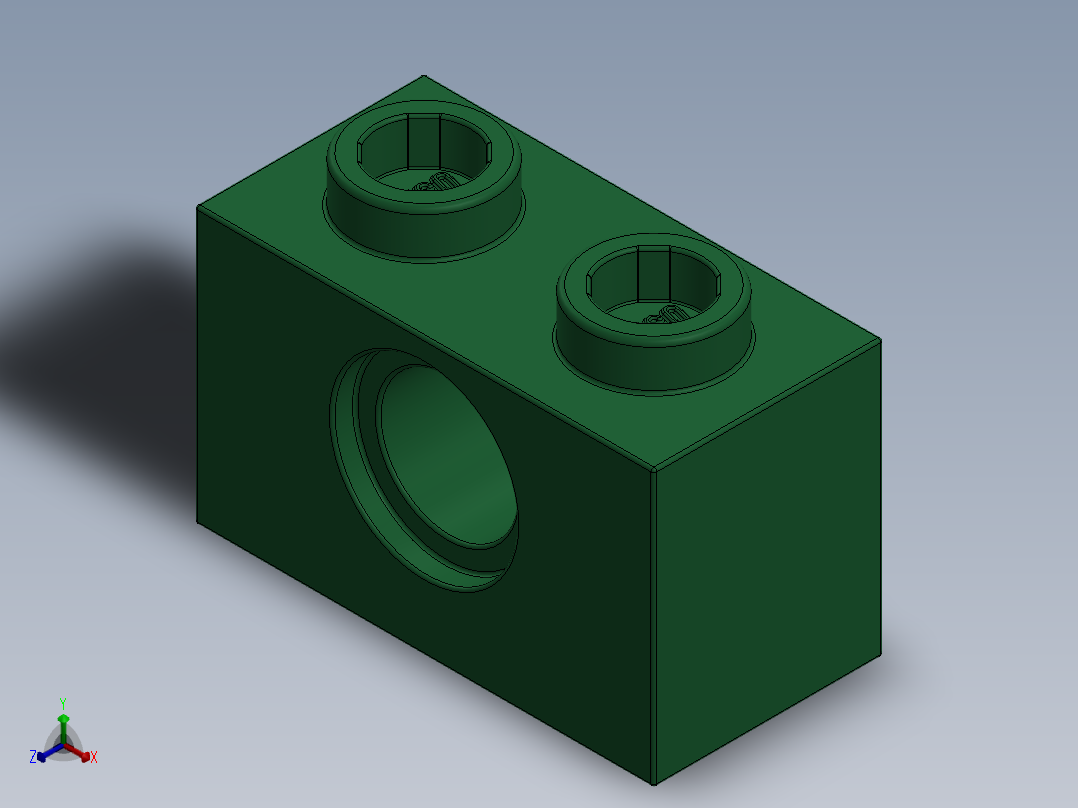 乐高机械组积木（横梁）-4157133 - 3700 Dark Green Technic Brick 1 x 2 with Hole正等轴测图