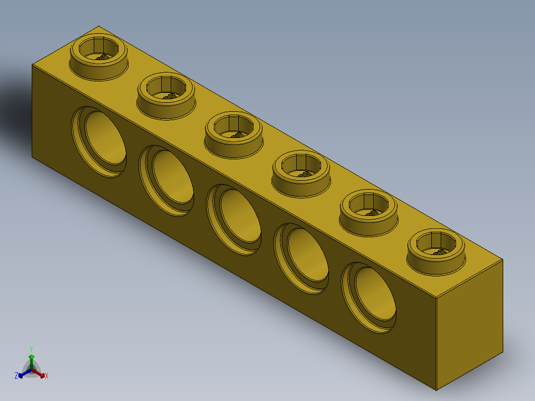 乐高机械组积木（横梁）-389424 Yellow Technic Brick 1 x 6 with Holes正等轴测图