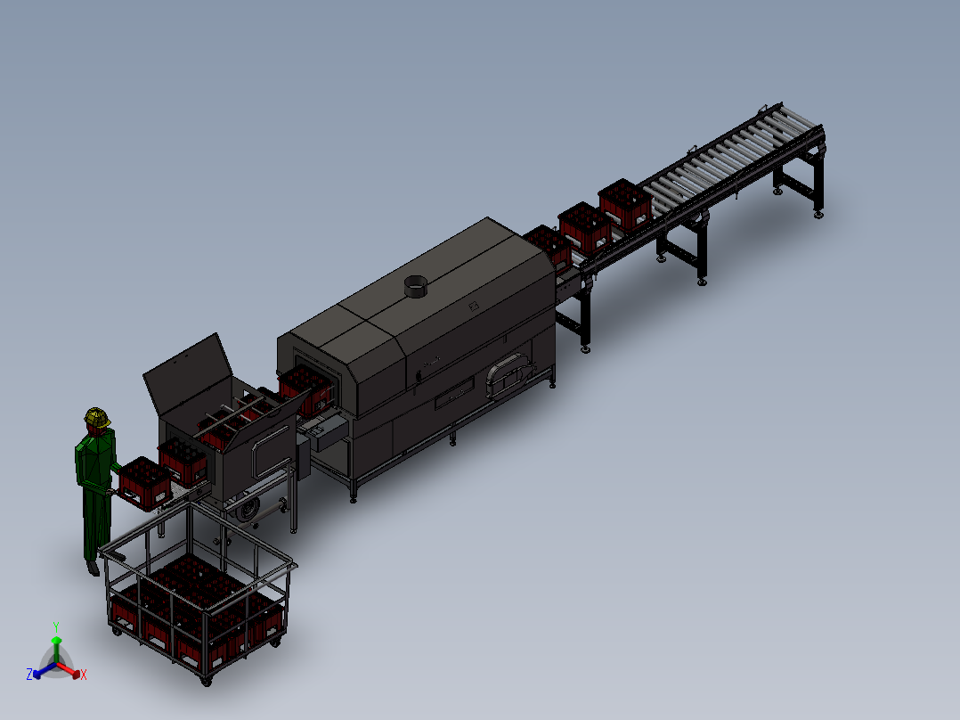 自动化工业洗箱机流水线3D模型正等轴测图