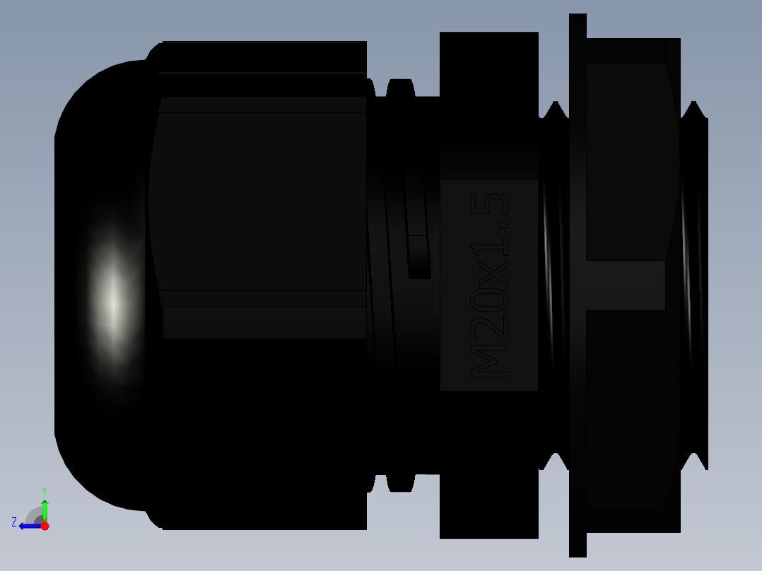 M20x1.5 电缆密封套。配有阀体、压紧螺母和夹紧螺母。右视图