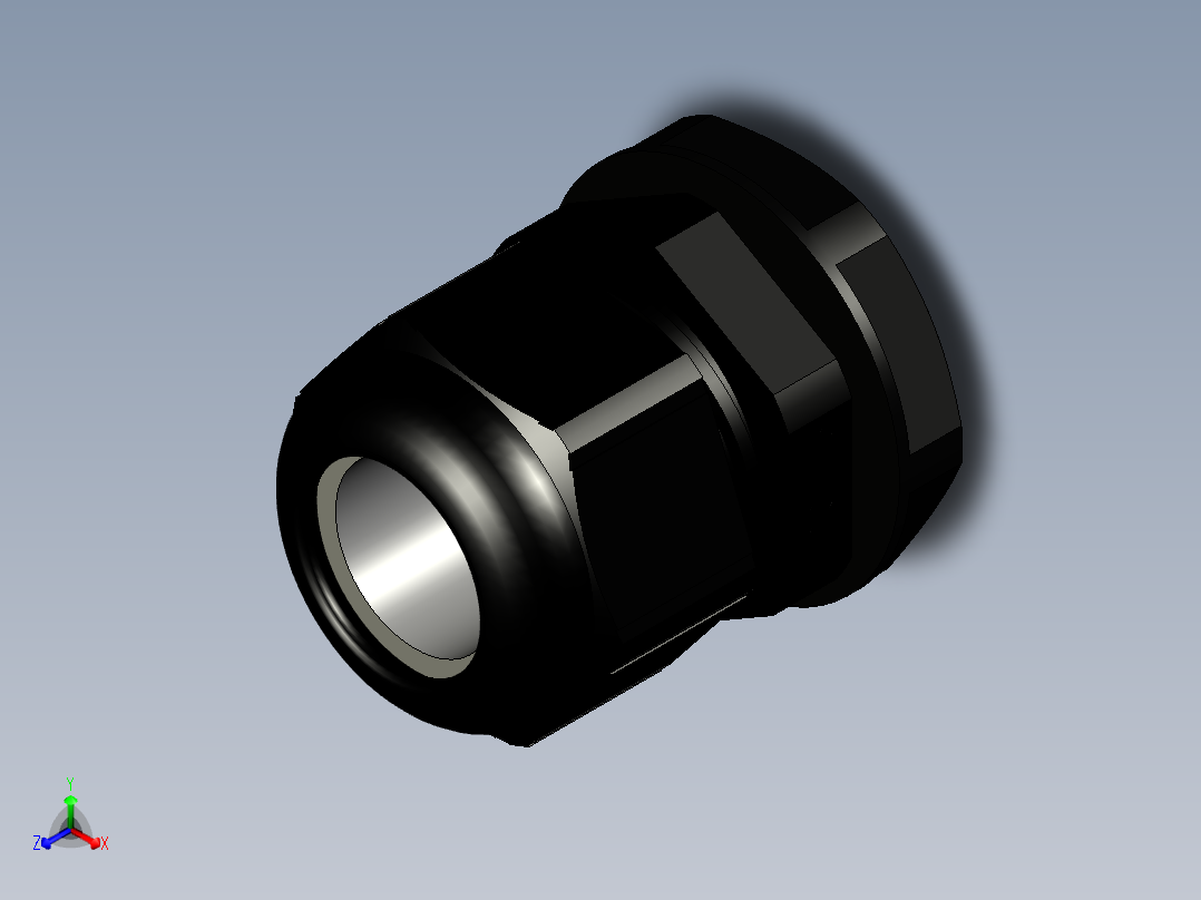 M20x1.5 电缆密封套。配有阀体、压紧螺母和夹紧螺母。正等轴测图