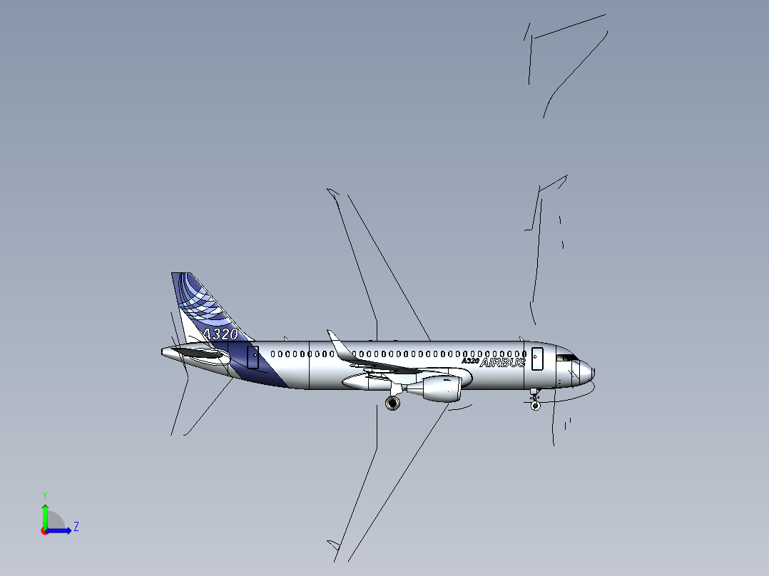 F 空客A320飞机 鲨鱼鳍翼尖小翼 起落架 3D建模 左视图