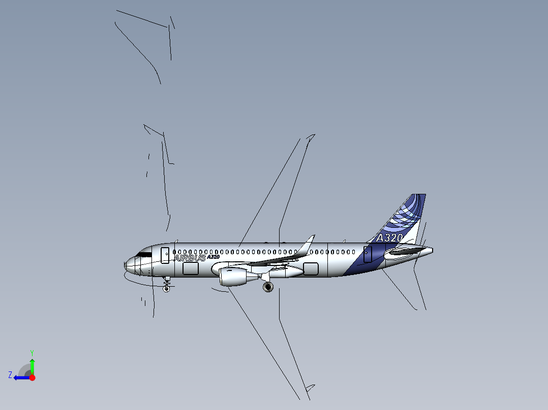 F 空客A320飞机 鲨鱼鳍翼尖小翼 起落架 3D建模 右视图