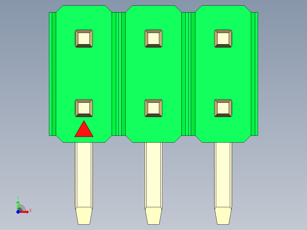 彩色公排针 100mil 2.54mm 系列-DS1022_green_2x03p_100mil_TypeD_rev1.0前视图
