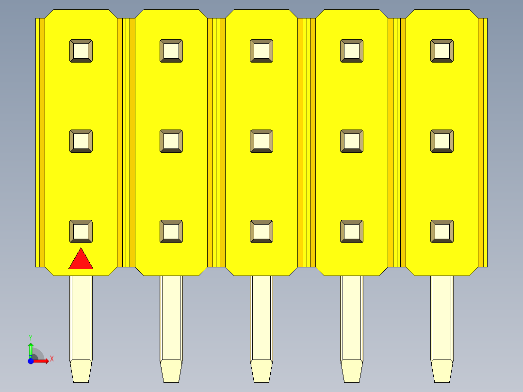 彩色公排针 100mil 2.54mm 系列-DS1022_yellow_3x05p_100mil_TypeD_rev1.0前视图