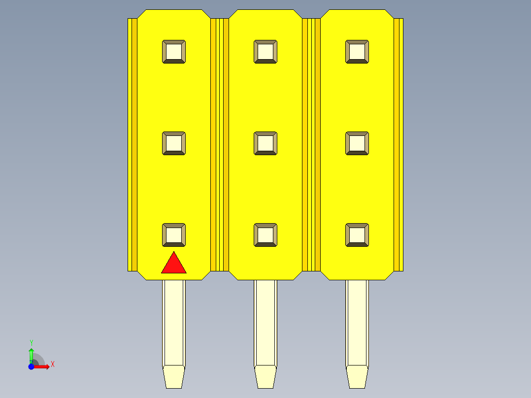 彩色公排针 100mil 2.54mm 系列-DS1022_yellow_3x03p_100mil_TypeD_rev1.0前视图