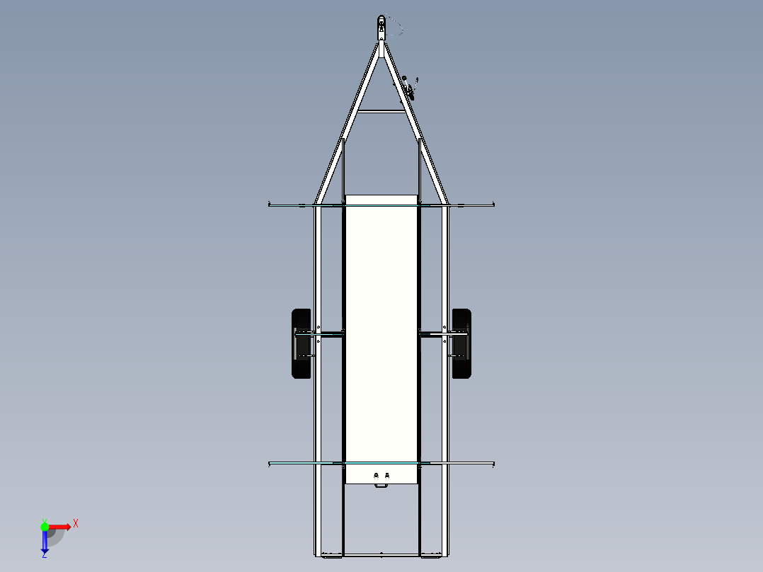 用于运输带有转向轴的皮划艇的轻型拖车。拖车上有一个额外的救生衣和桨箱俯视图