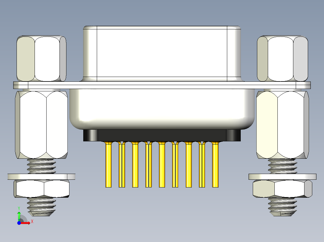 DSUB 9引脚PCB直通孔母连接器。带六角螺钉、垫片、螺母和垫圈，用于垂直安装在印刷电路板上前视图