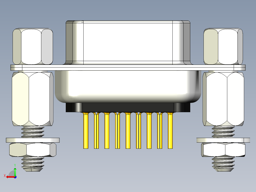 DSUB 9引脚PCB直通孔母连接器。带六角螺钉、垫片、螺母和垫圈，用于垂直安装在印刷电路板上后视图