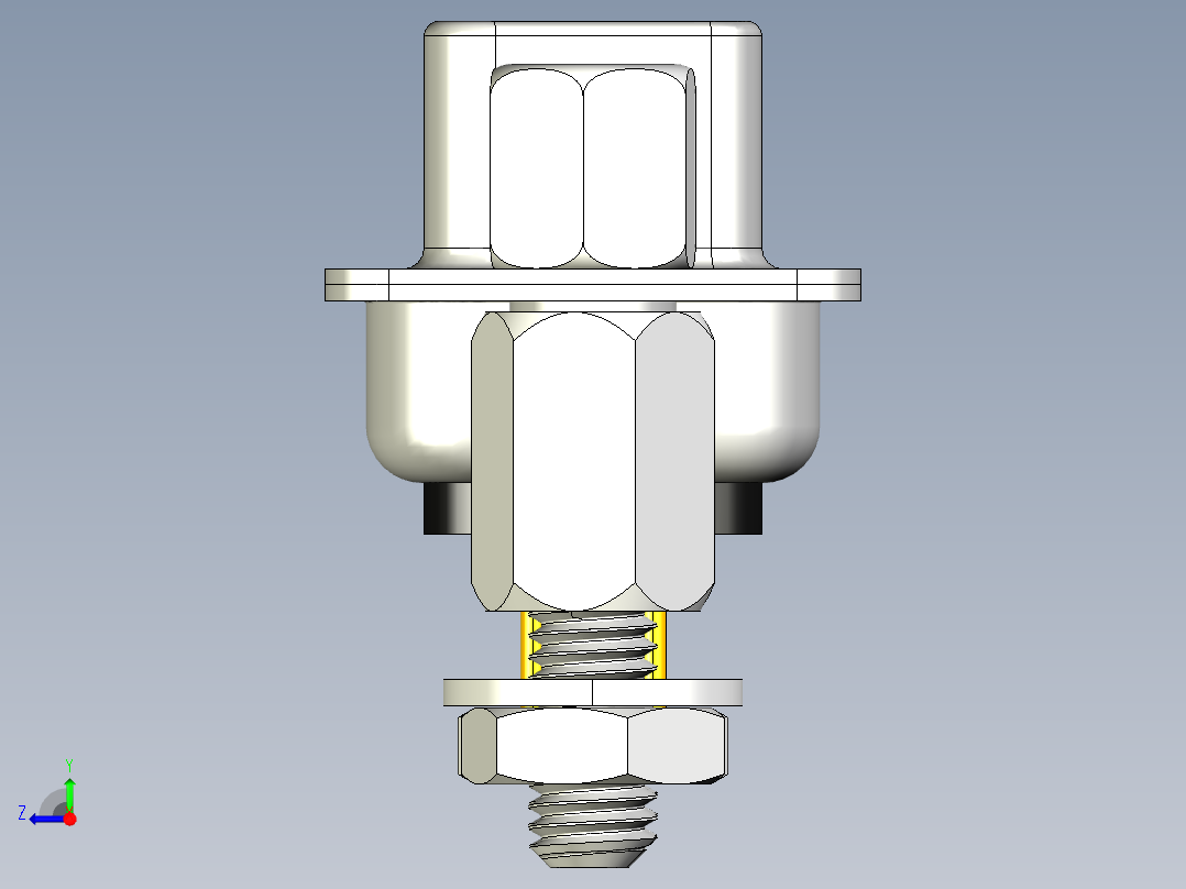 DSUB 9引脚PCB直通孔母连接器。带六角螺钉、垫片、螺母和垫圈，用于垂直安装在印刷电路板上右视图