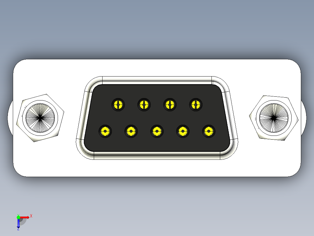 DSUB 9引脚PCB直通孔母连接器。带六角螺钉、垫片、螺母和垫圈，用于垂直安装在印刷电路板上俯视图