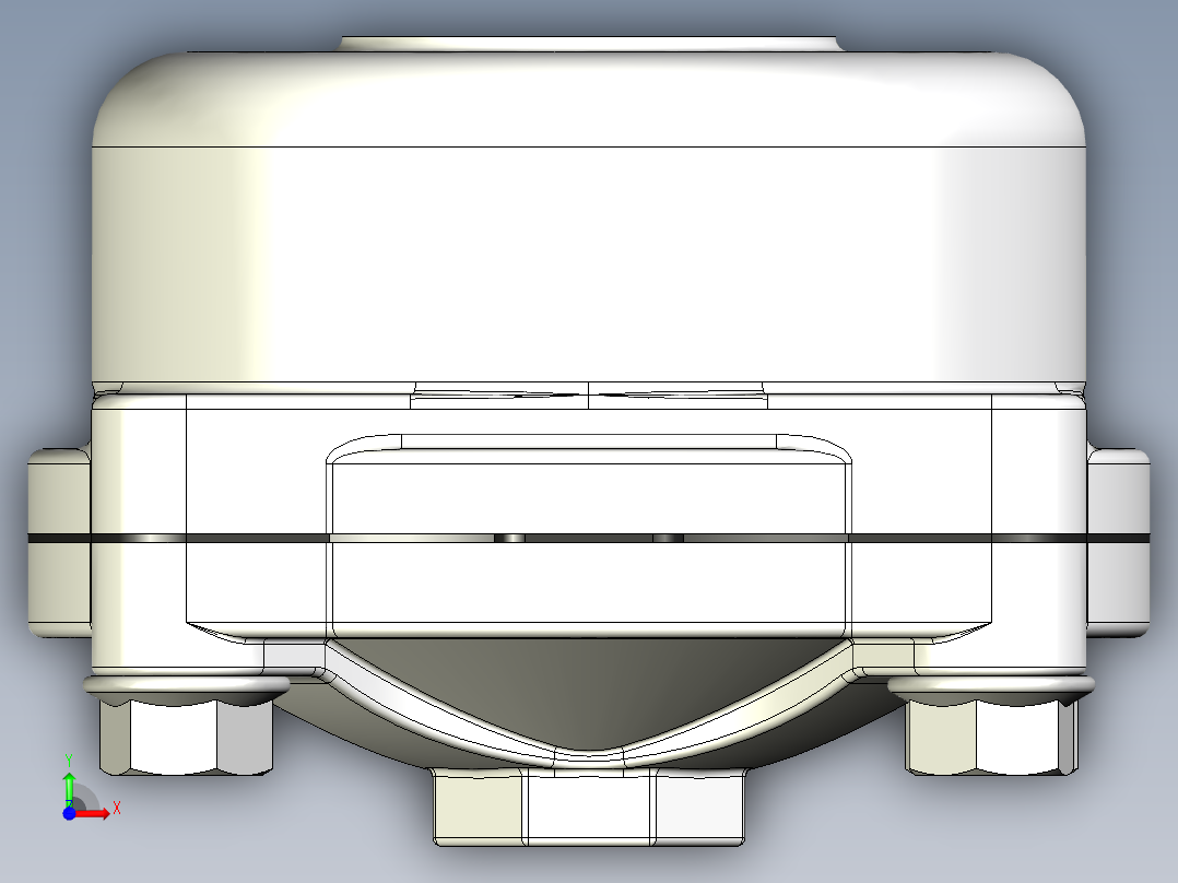 GOYEN RCAC25T4002隔膜阀的3D模型。该阀本身是一个空气脉冲控制阀，用于瞬间喷射空气。阀门有1英寸NPT入口和出口，以及用于脉冲控制的1-8英寸NPT端口前视图