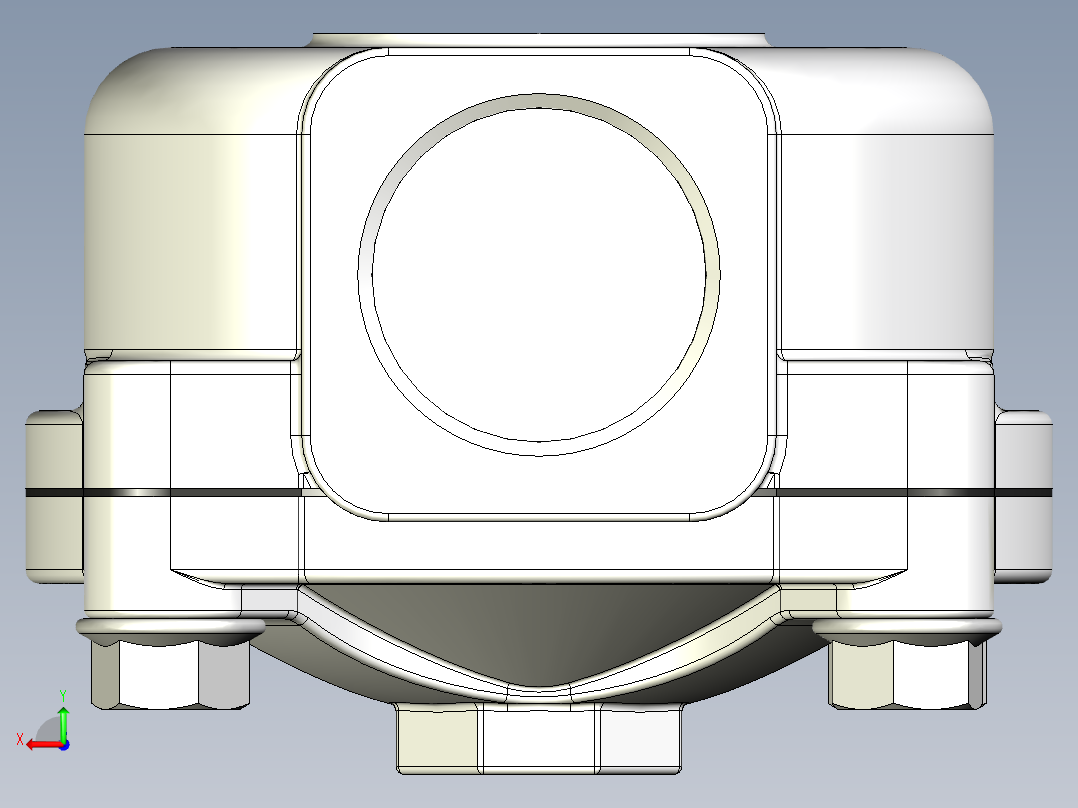 GOYEN RCAC25T4002隔膜阀的3D模型。该阀本身是一个空气脉冲控制阀，用于瞬间喷射空气。阀门有1英寸NPT入口和出口，以及用于脉冲控制的1-8英寸NPT端口后视图