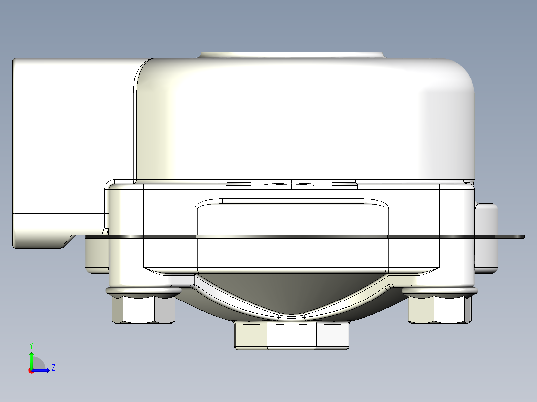 GOYEN RCAC25T4002隔膜阀的3D模型。该阀本身是一个空气脉冲控制阀，用于瞬间喷射空气。阀门有1英寸NPT入口和出口，以及用于脉冲控制的1-8英寸NPT端口左视图