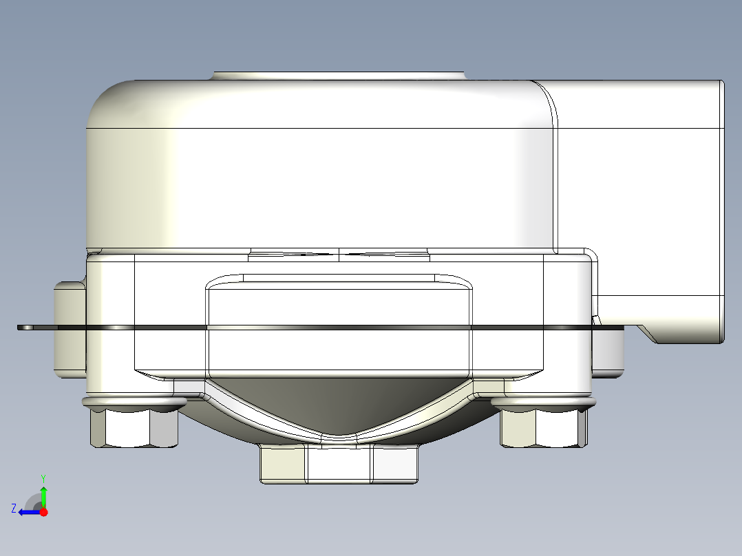 GOYEN RCAC25T4002隔膜阀的3D模型。该阀本身是一个空气脉冲控制阀，用于瞬间喷射空气。阀门有1英寸NPT入口和出口，以及用于脉冲控制的1-8英寸NPT端口右视图