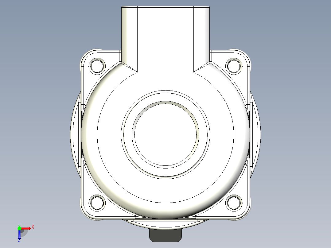 GOYEN RCAC25T4002隔膜阀的3D模型。该阀本身是一个空气脉冲控制阀，用于瞬间喷射空气。阀门有1英寸NPT入口和出口，以及用于脉冲控制的1-8英寸NPT端口俯视图
