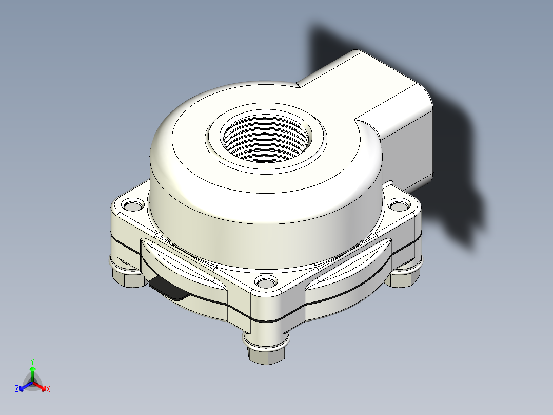 GOYEN RCAC25T4002隔膜阀的3D模型。该阀本身是一个空气脉冲控制阀，用于瞬间喷射空气。阀门有1英寸NPT入口和出口，以及用于脉冲控制的1-8英寸NPT端口正等轴测图