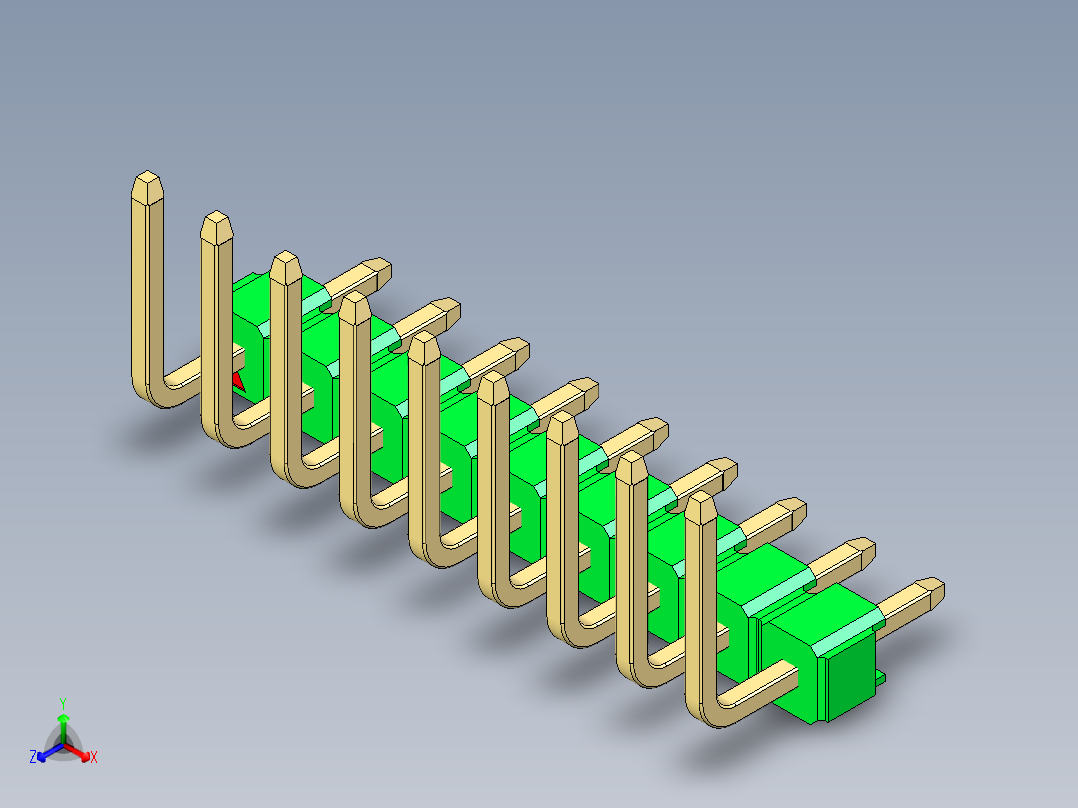 彩色公排针 100mil 2.54mm 系列-DS1022_green_09p_100mil_TypeU_rev1.0正等轴测图