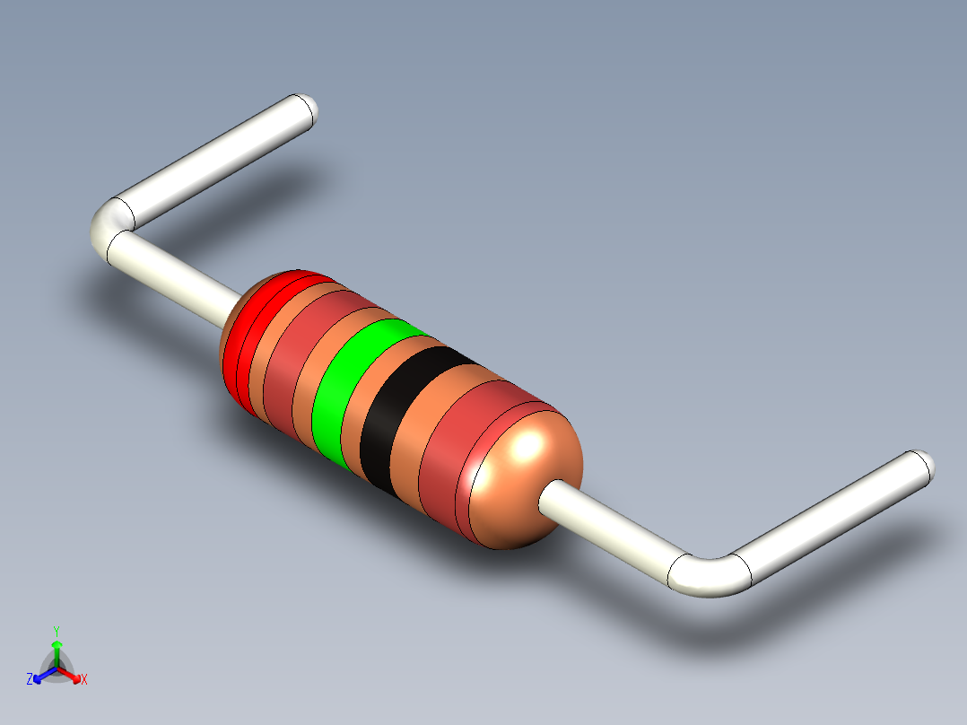 电阻器，小尺寸，金属膜型，通孔版水平放置正等轴测图