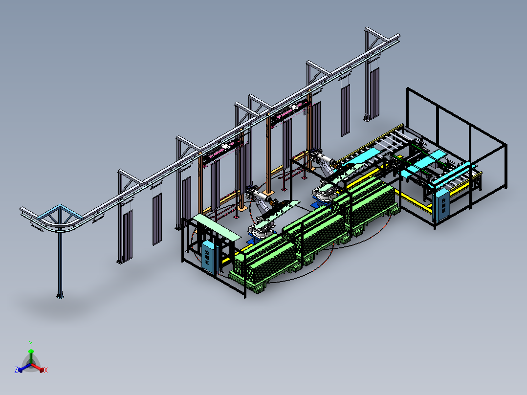 2023.02月-电梯厅门板喷粉机器人自动上下件工作站sw19可编辑正等轴测图
