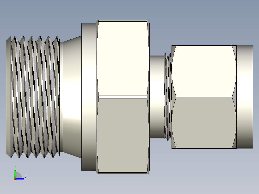 不锈钢世伟洛克管接头，阳连接器，1-2英寸。管子外径x 3-4英寸。直肩ISO外螺纹左视图