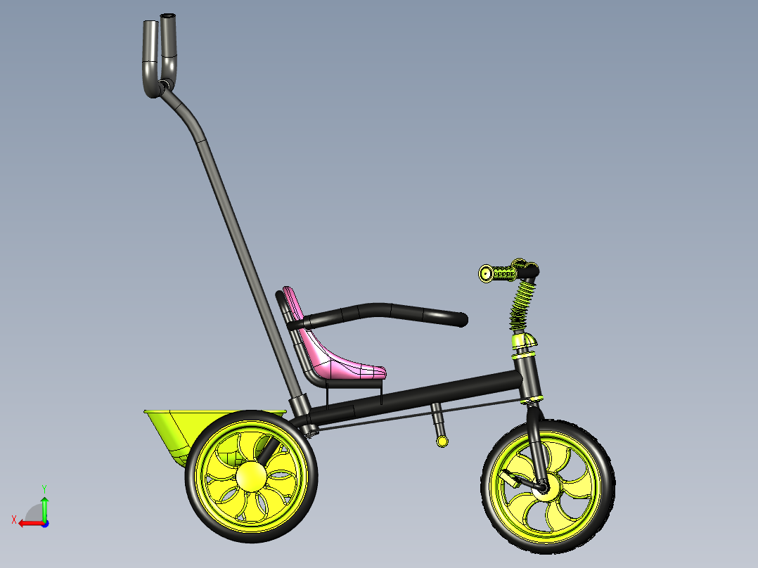 一款手扶式儿童三轮车建模后视图