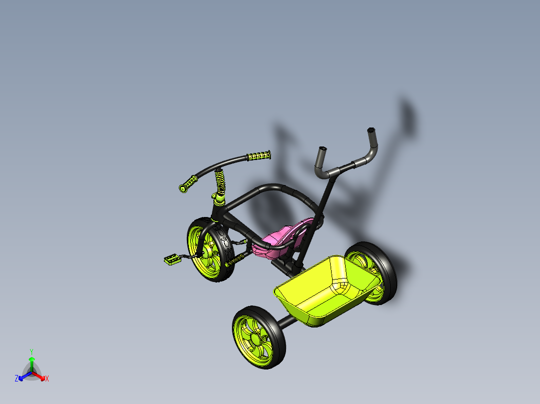 一款手扶式儿童三轮车建模正等轴测图