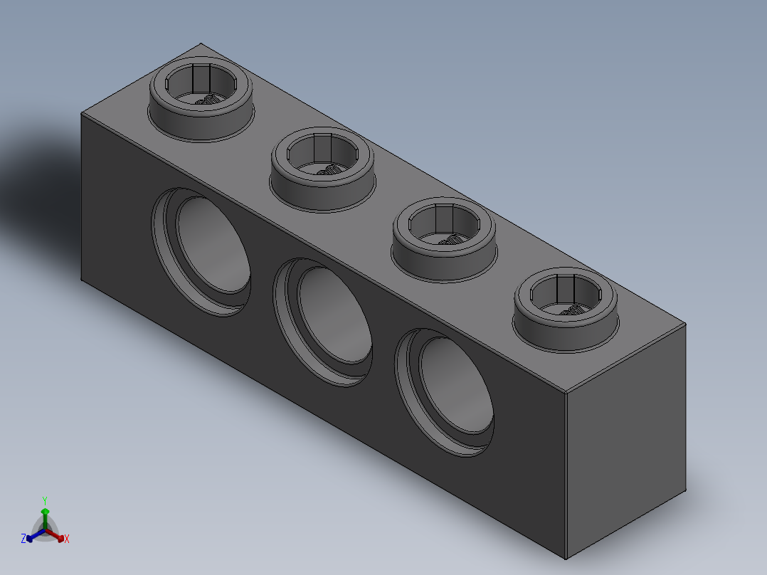 乐高机械组积木（横梁）-4211441 - 3701 Medium Stone Grey Technic Brick 1 x 4 with Holes正等轴测图