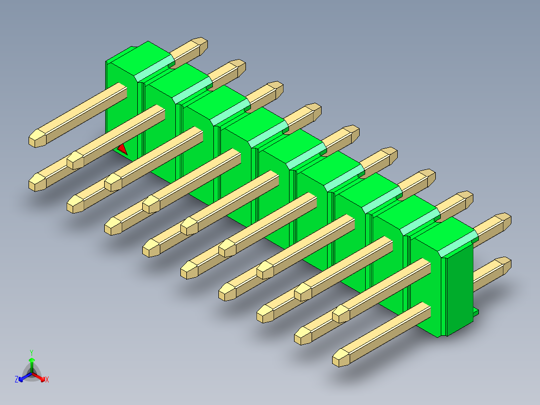 彩色公头100mil（2.54mm）系列-DS1021_green_2x09p_100mil_Type1_rev1.0正等轴测图