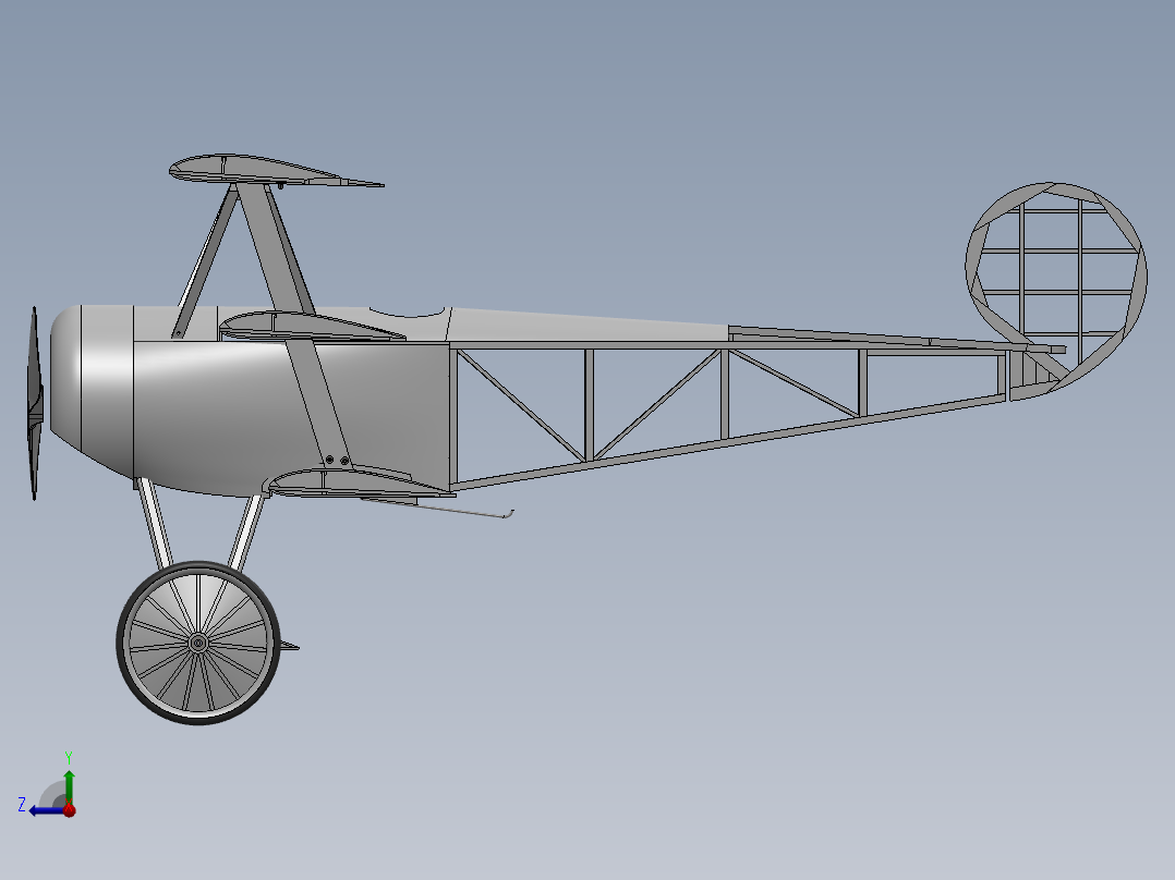 F 福克三翼机 14比例遥控航模飞机 机械设计参考资料 3D建模右视图