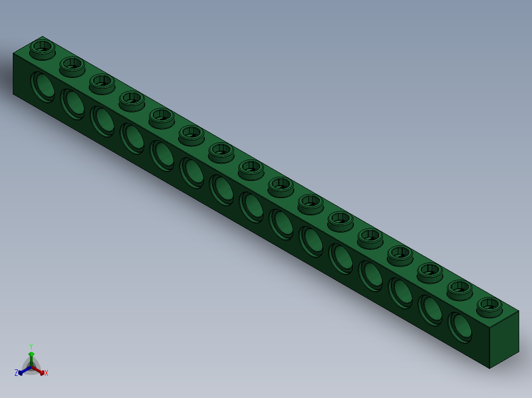 乐高机械组积木（横梁）-3703 Dark Green Technic Brick 1 x 16 with Holes正等轴测图