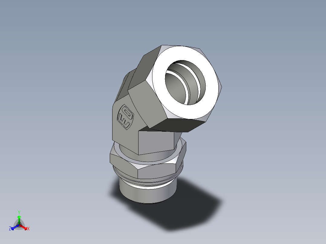 卡套式工业通用硬管接头EO_Adjustable_locknut_45_deg_elbow_VEE22ZLM27X2ORCF正等轴测图