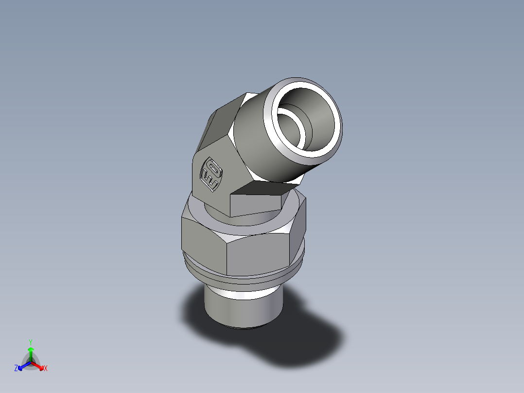 卡套式工业通用硬管接头EO_Adjustable_locknut_45_deg_elbow_VEE08LMOMDCF正等轴测图
