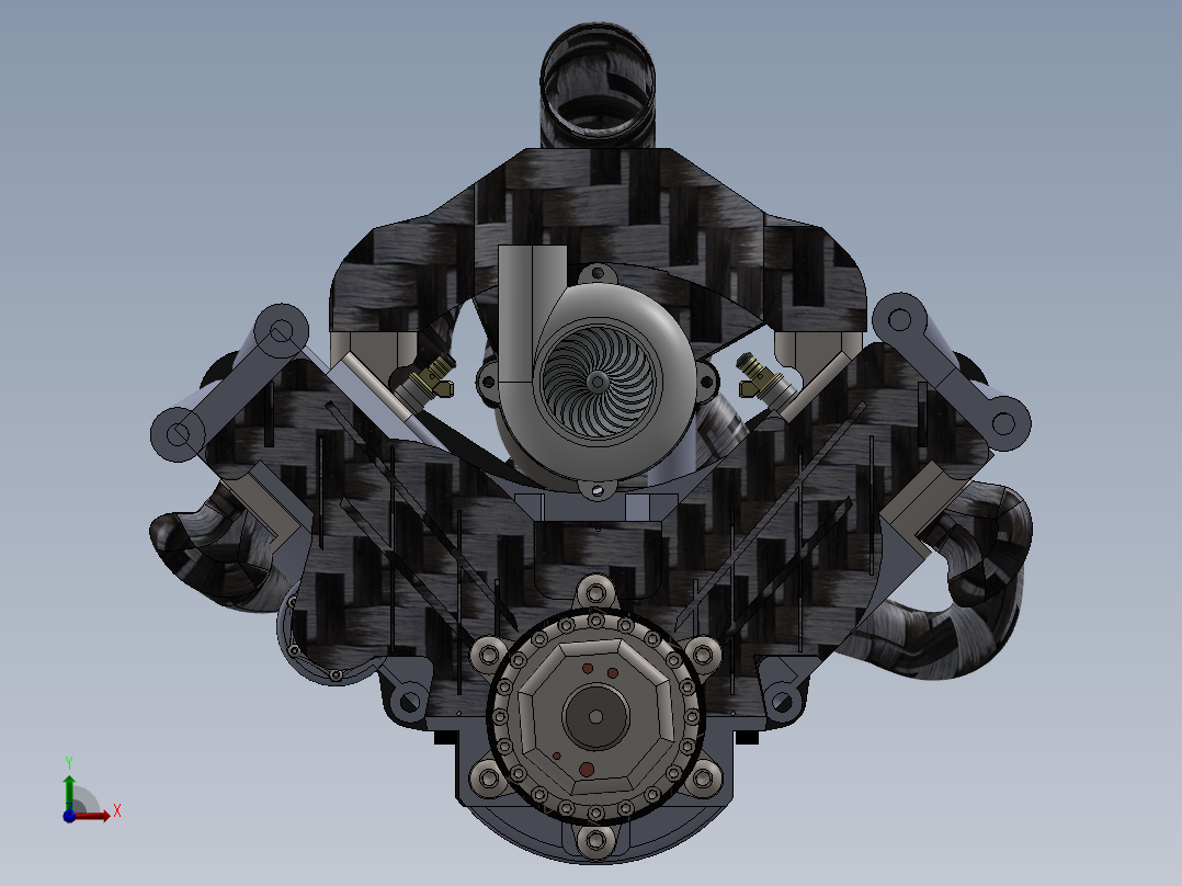 F1涡轮混合V6发动机和变速箱前视图