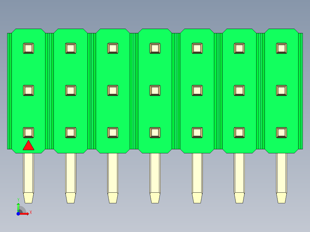 彩色公排针 100mil 2.54mm 系列-DS1022_green_3x07p_100mil_TypeD_rev1.0前视图