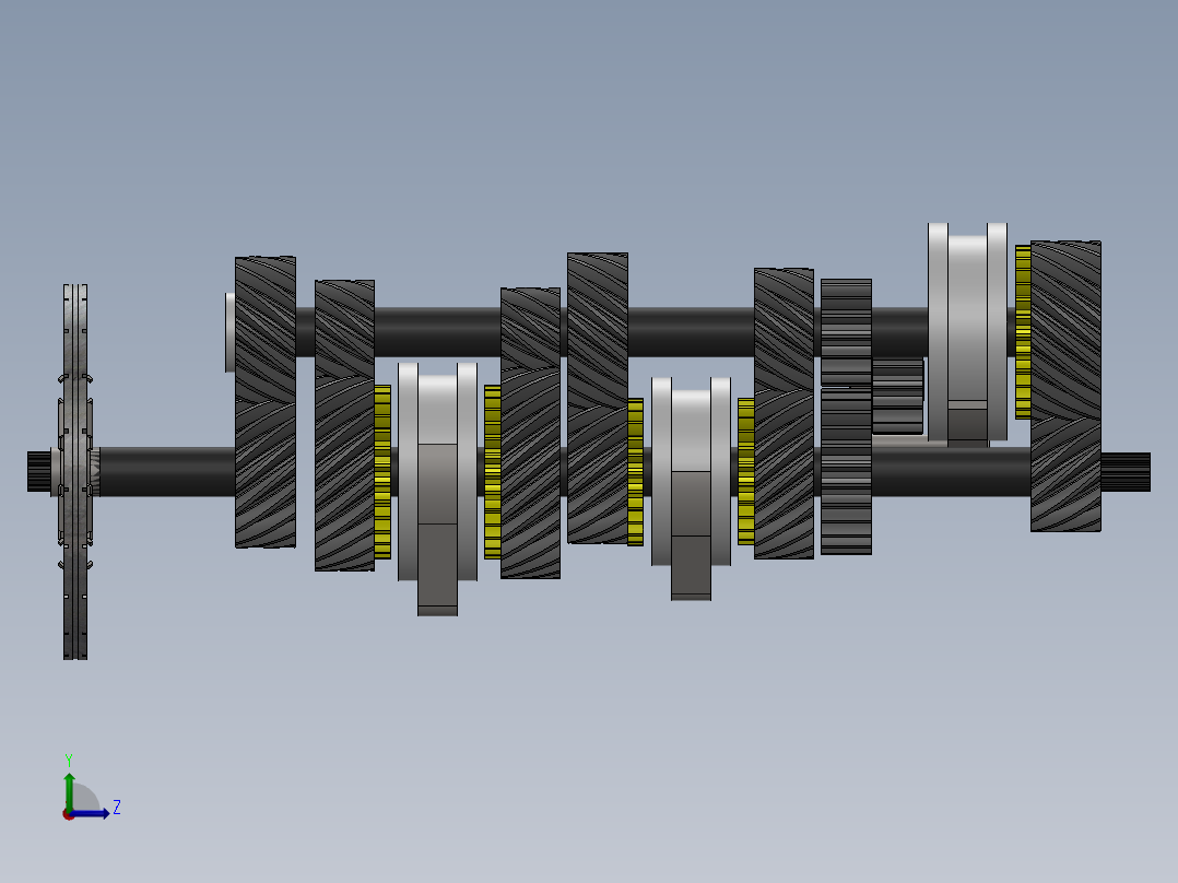 手动变速箱内部齿轮结构左视图